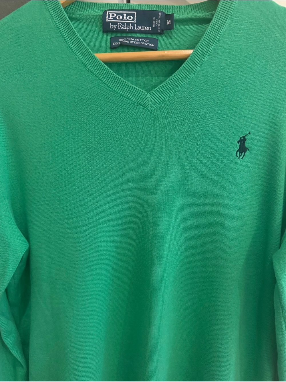 Polo by Ralph Lauren Bright Green V-Neck Sweater with Navy Pony soft Pima cotton